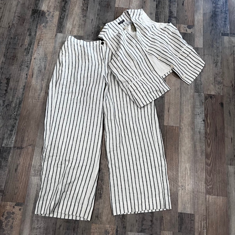 J.Crew Linen Blend Striped Blazer 16 and Wide Leg Pants XL Set Beige Black NEW